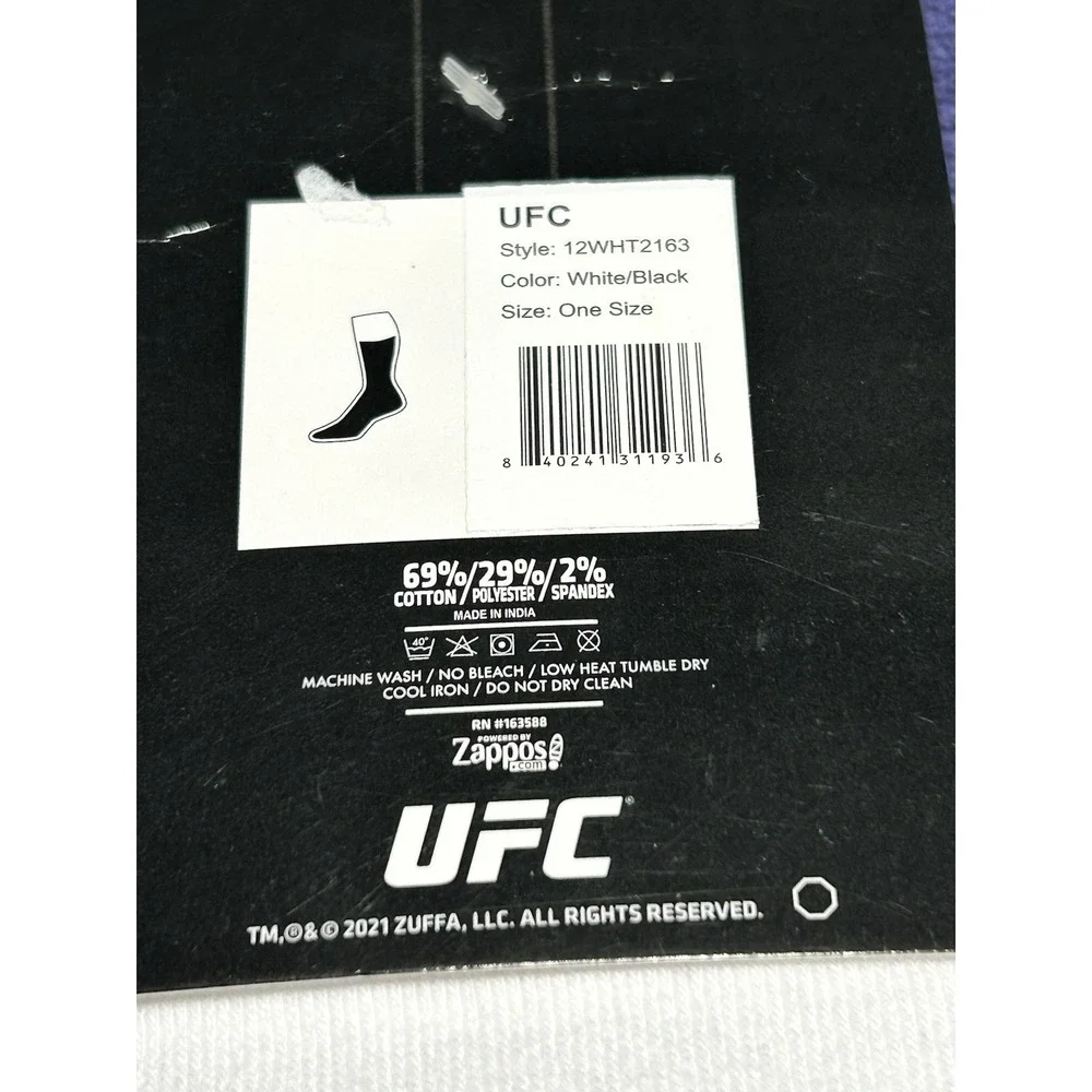 UFC Men's Cotton Crew Socks White & Black 3 Pack One Size New With Packaging